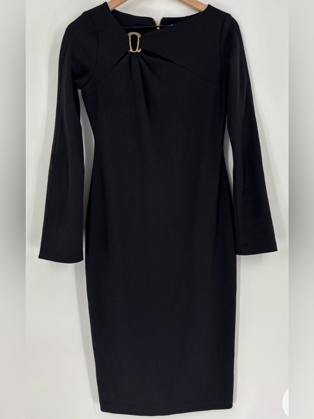 Calvin Klein Black Long-Sleeve Midi Dress with Front Keyhole Accent